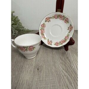 Vintage Royal Vale Bone China England Teacup & Saucer Pink Flowers Gold Trim